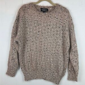 Fuzzy Crew Neck Sweater with Gold Metallic Accent Open-Knit Pattern Size L